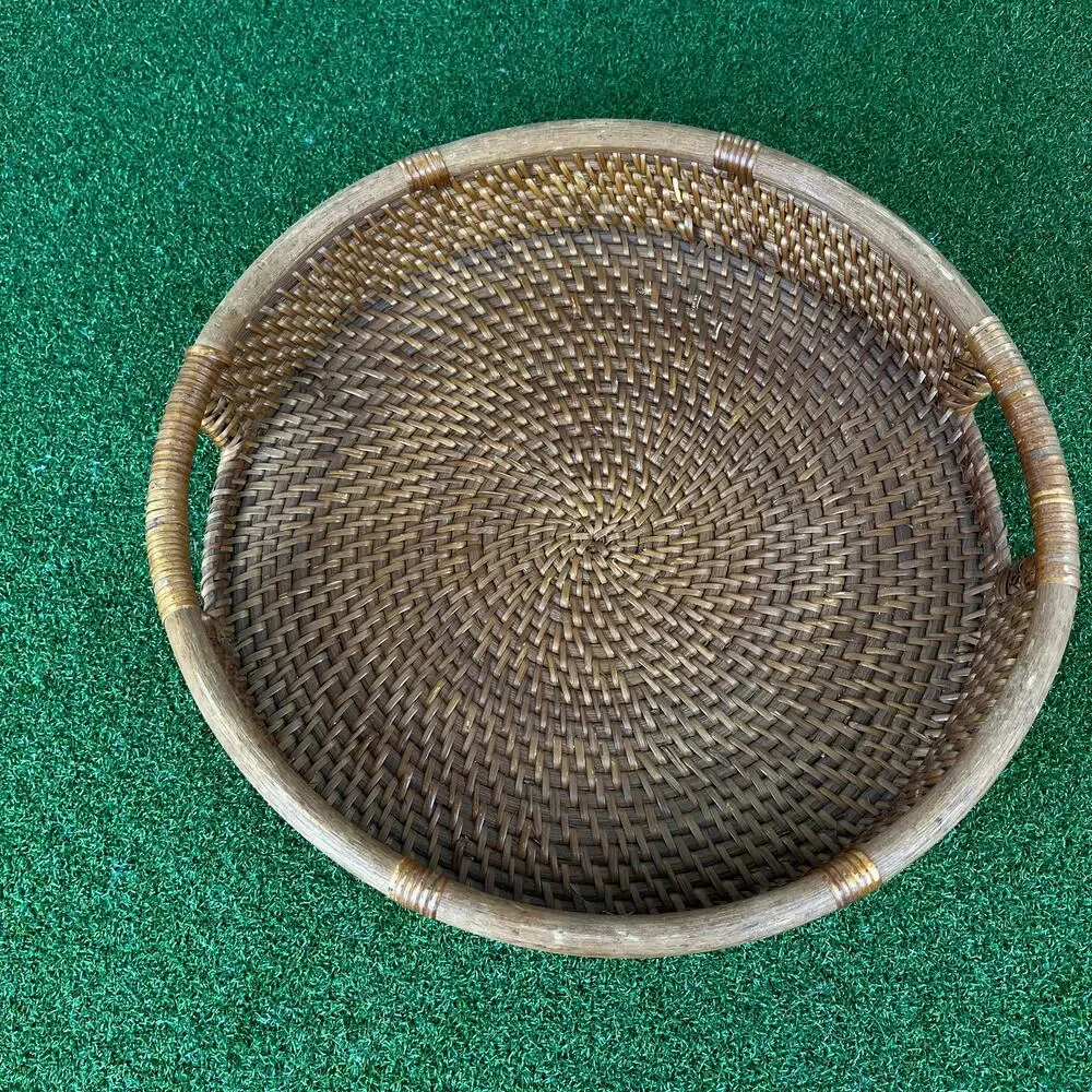 Hand Woven Round Rattan Serving Storage Tray with Handles Ottoman Tray 13